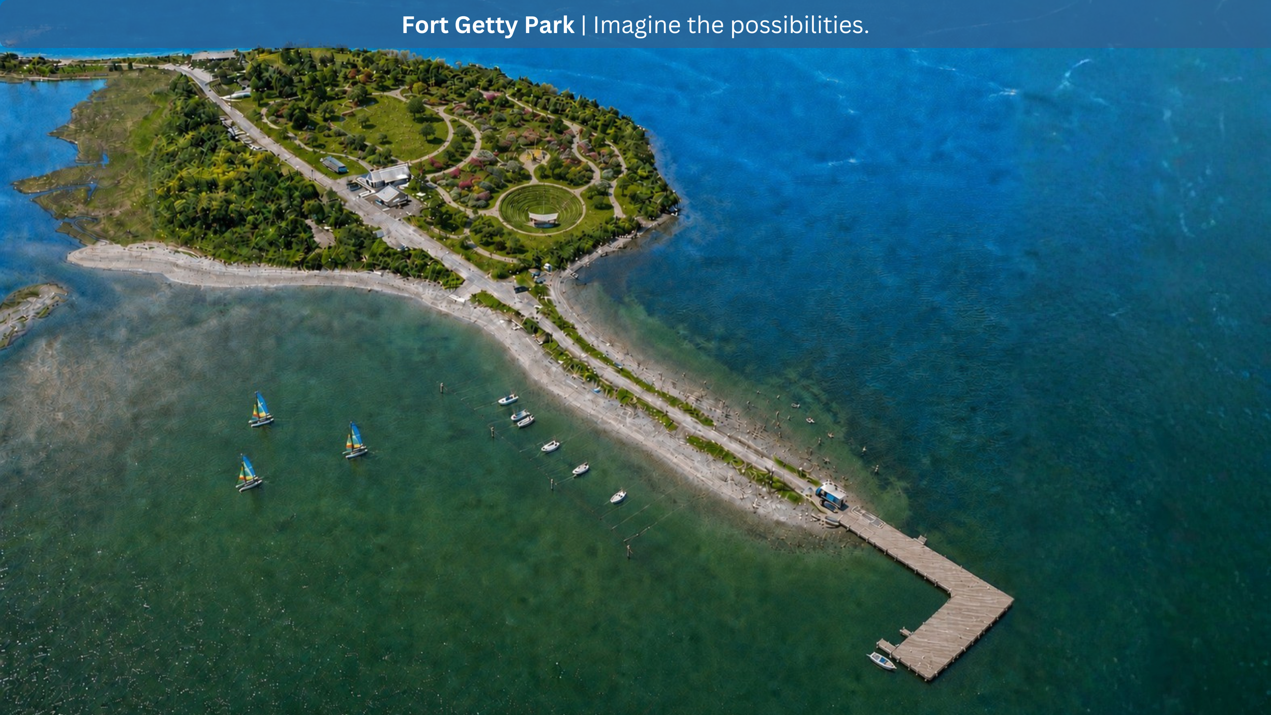 Aerial view of Fort Getty Park with a pier extending into the water, boats sailing nearby, and lush greenery surrounding the park.