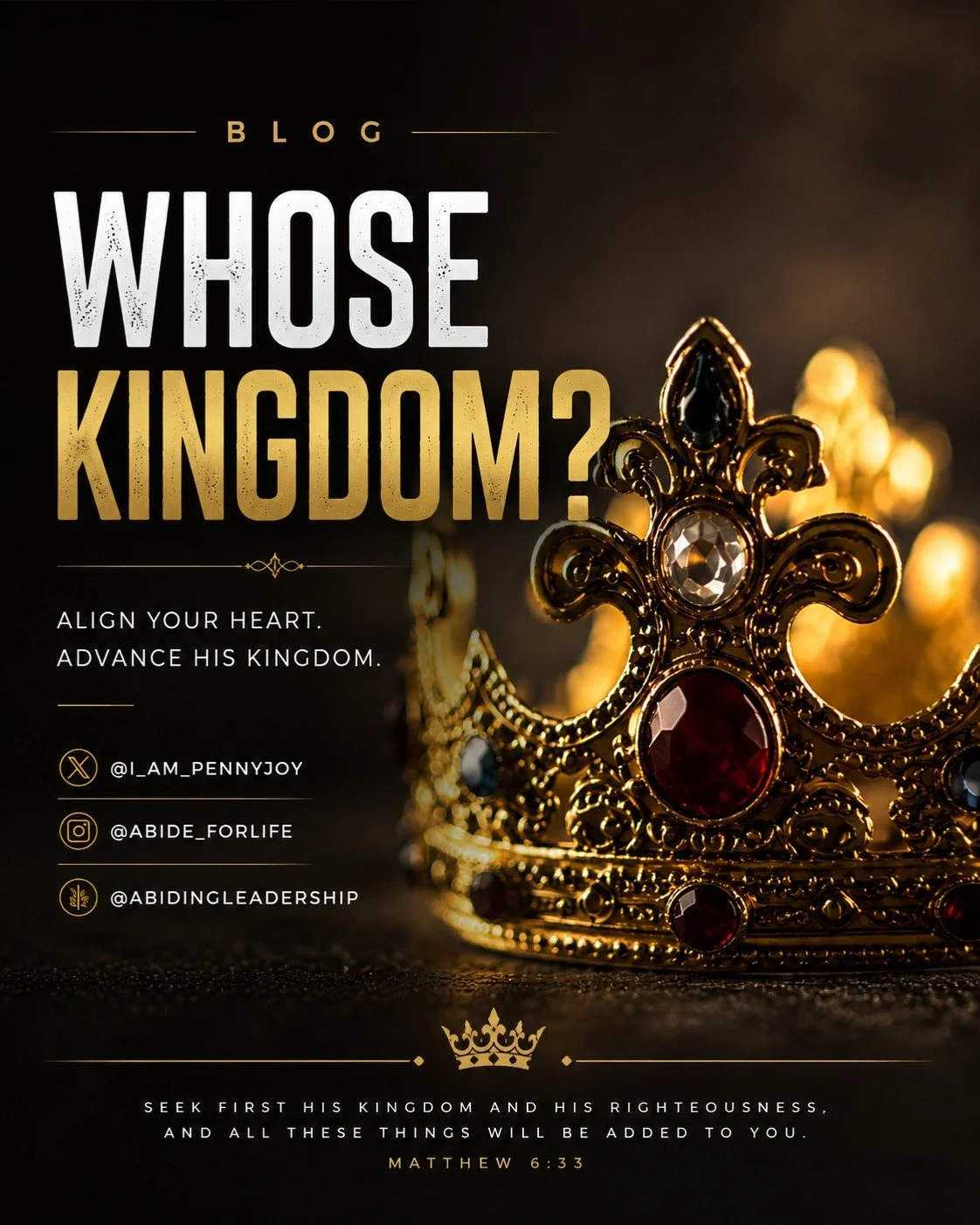 **New blog post**
https://www.abideforlife.com/blog/whose-kingdom

Leadership is like a house: you build it, and it builds you. But what happens when everything you've built starts falling apart? For me, that's exactly where God showed up. This post 