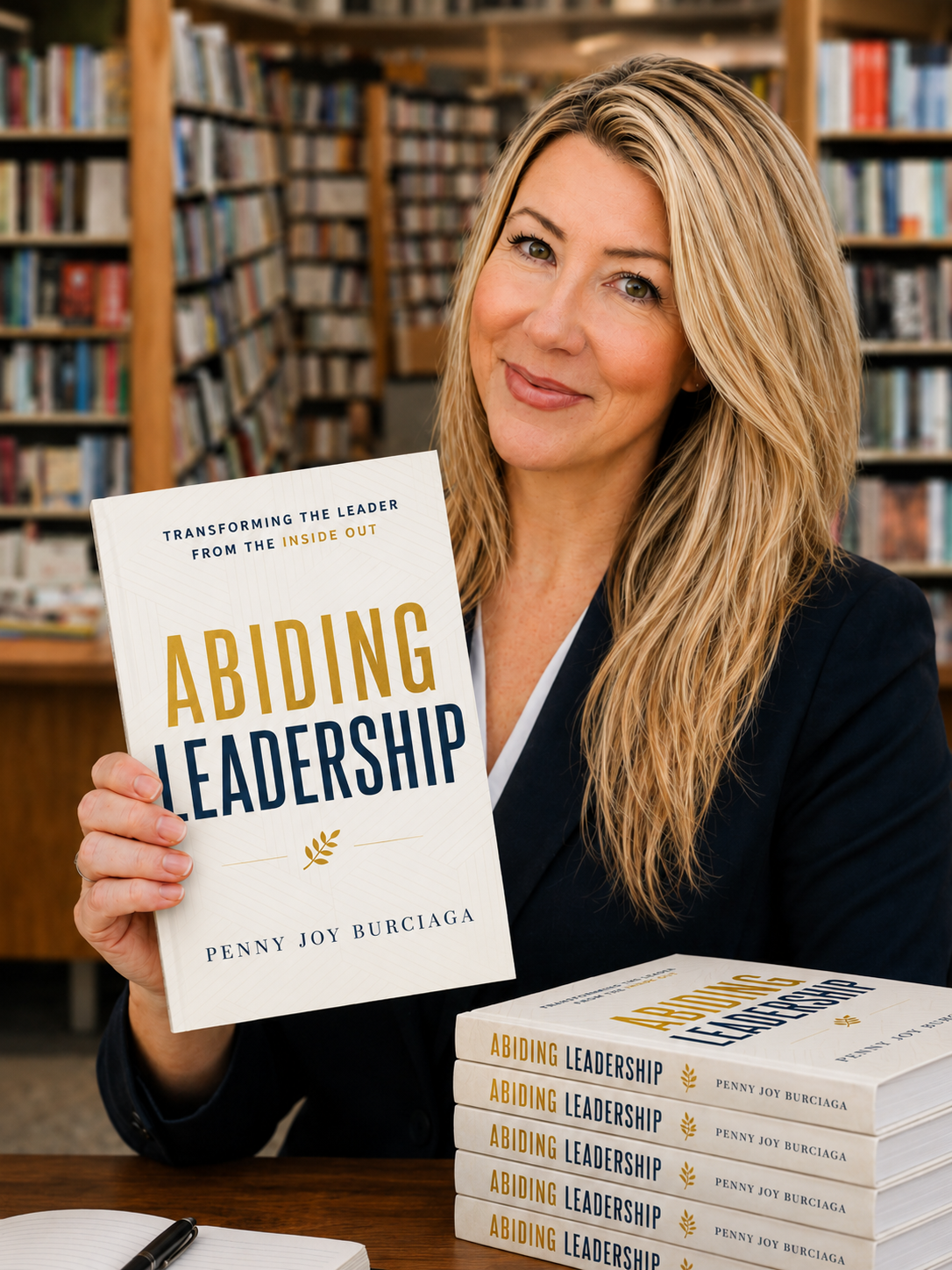 Penny Joy holding book Abiding Leadership