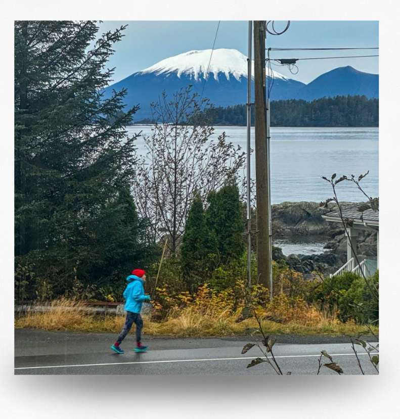 A person in a blue jacket and red hat jogging along a road with trees and bushes in the foreground. In the background, there is a body of water and snow-capped mountain, likely Mount Fuji, beyond the water.