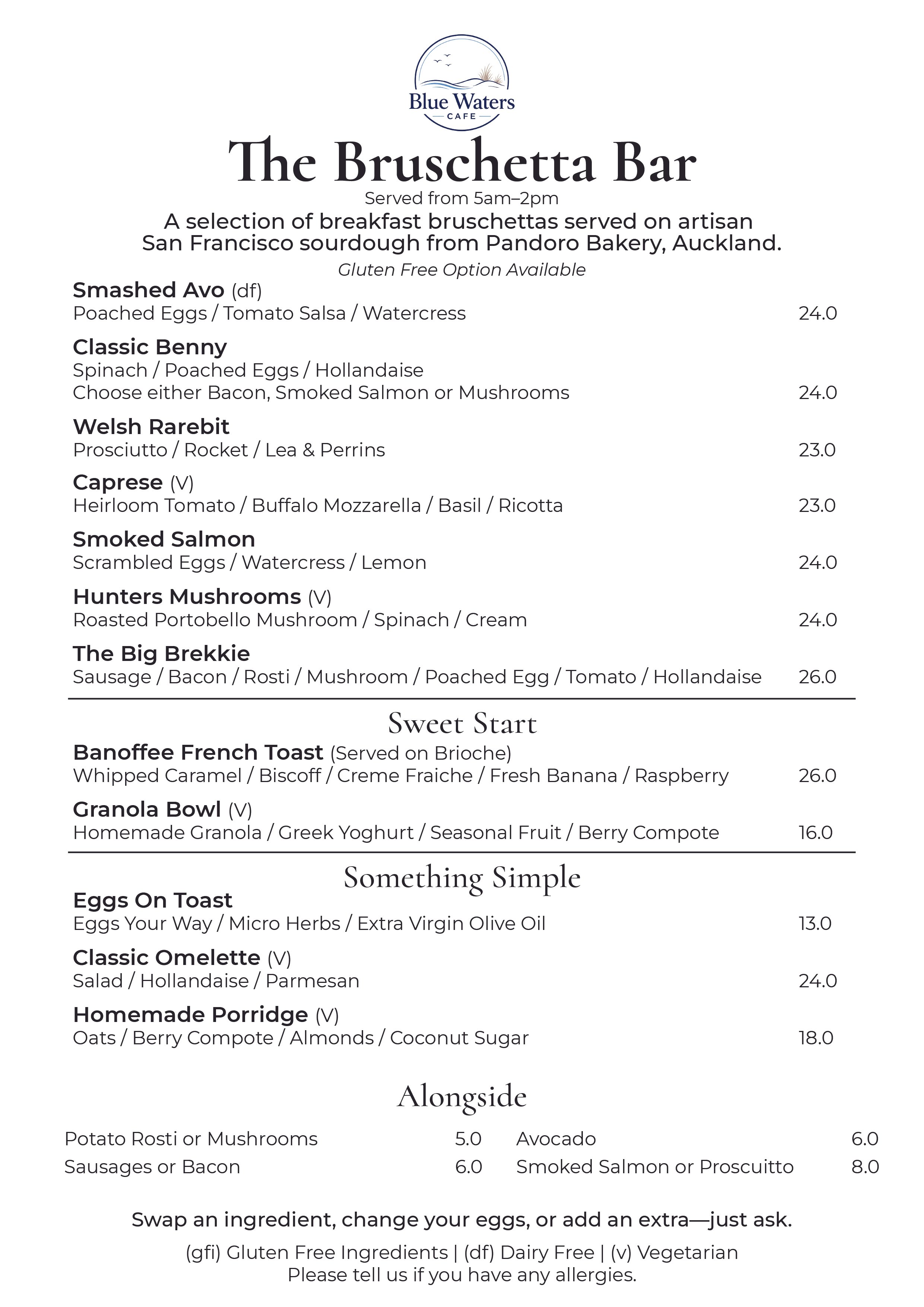 Menu from Blue Waters Cafe titled "The Bruschetta Bar" serving breakfast bruschettas and some additional sides and desserts, with prices listed.