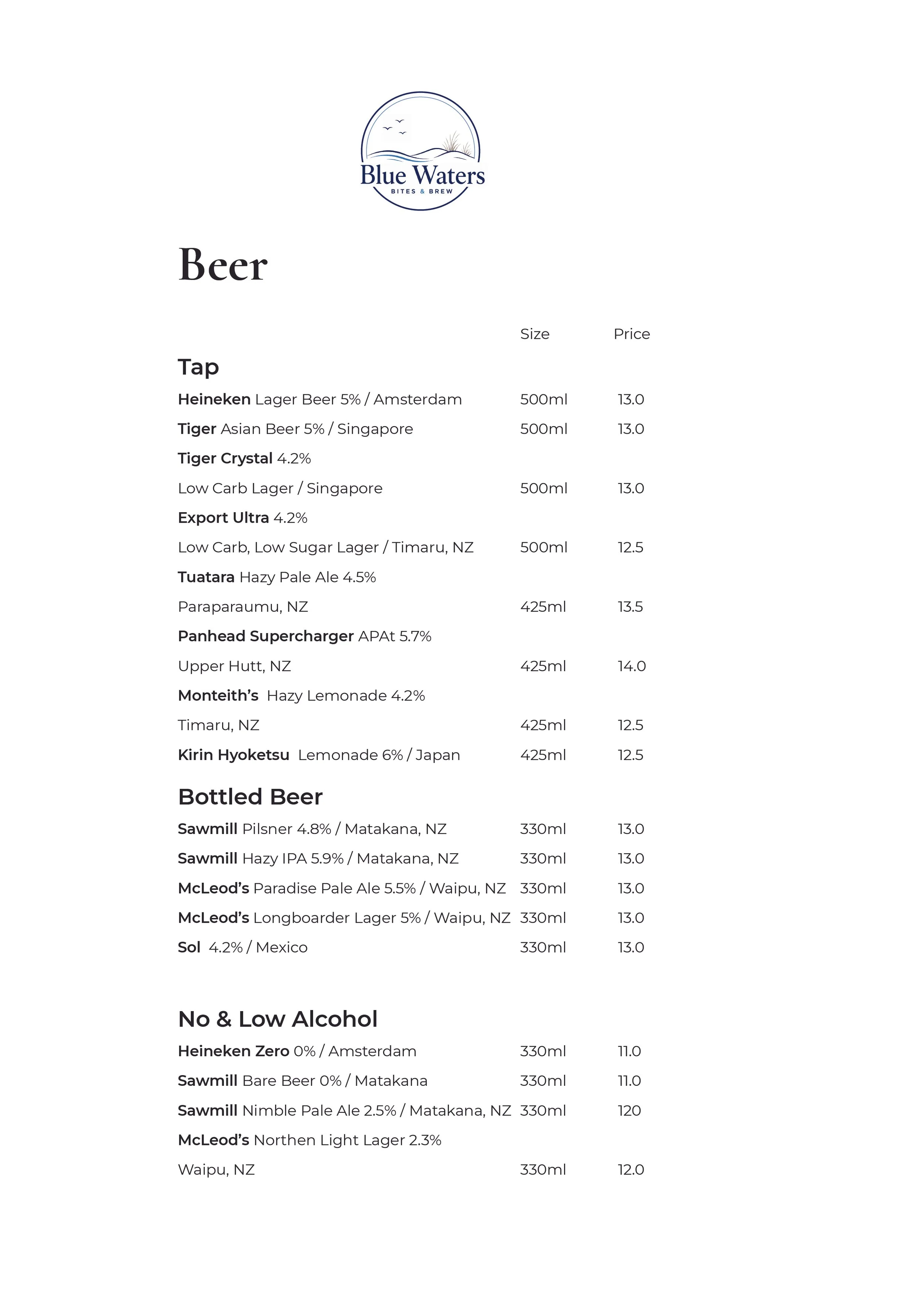 Menu from Blue Waters Bites & Brew listing various beers including tap and bottled options, with details on sizes and prices, and a section on non-alcoholic beverages.