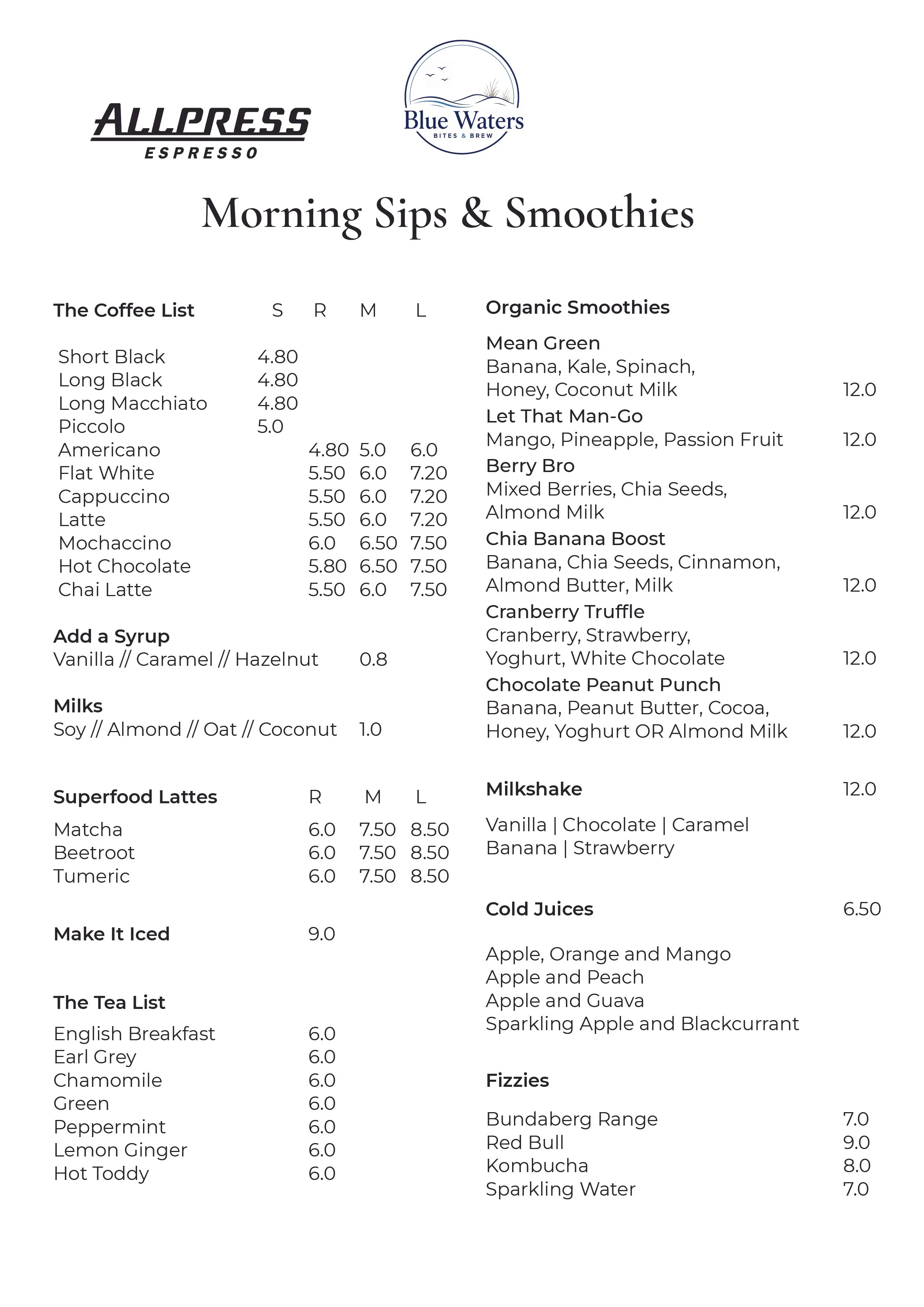 Menu featuring coffee, smoothies, lattes, tea, cold juices, and fizzy drinks from Blue Waters and Allpress Espresso with various prices.