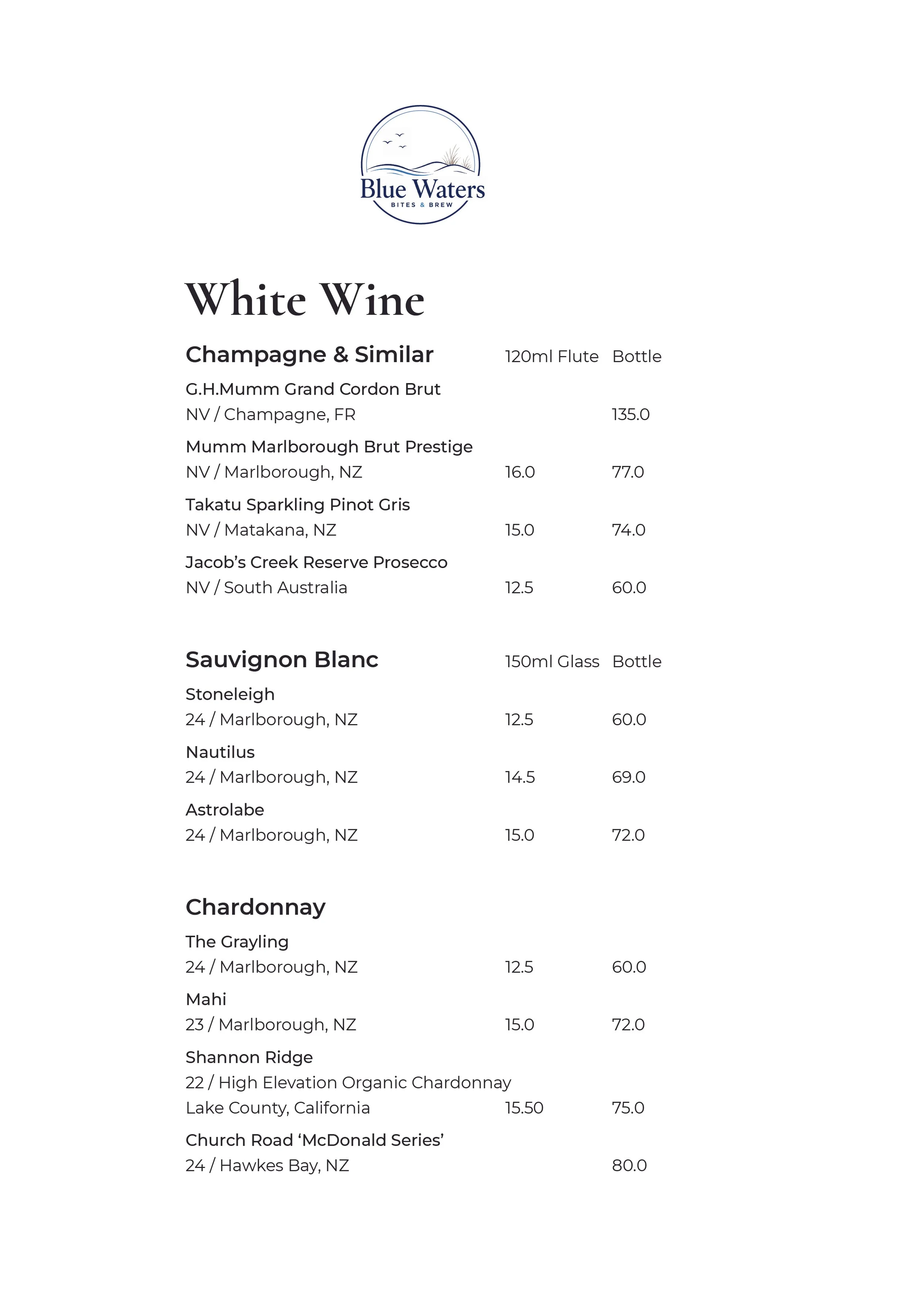 A menu featuring a selection of white wines, including G.H. Mumm Grand Cordon Brut, Mumm Marlborough Brut Prestige, Takatu Sparkling Pinot Gris, Jacob’s Creek Reserve Prosecco, and more, with prices and origin details.