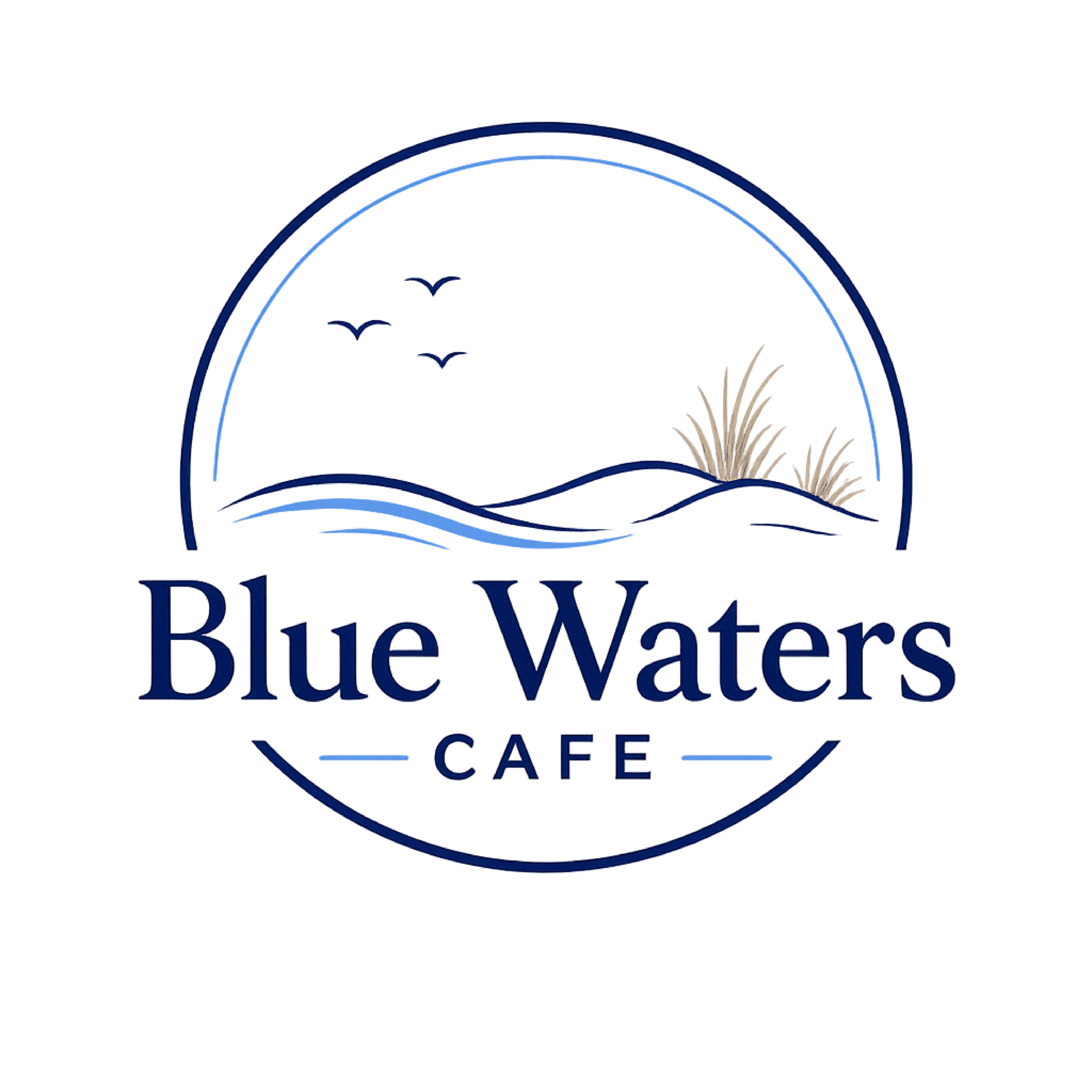 Logo of Blue Waters Cafe featuring a stylized wave, three flying birds, and a tuft of grass.