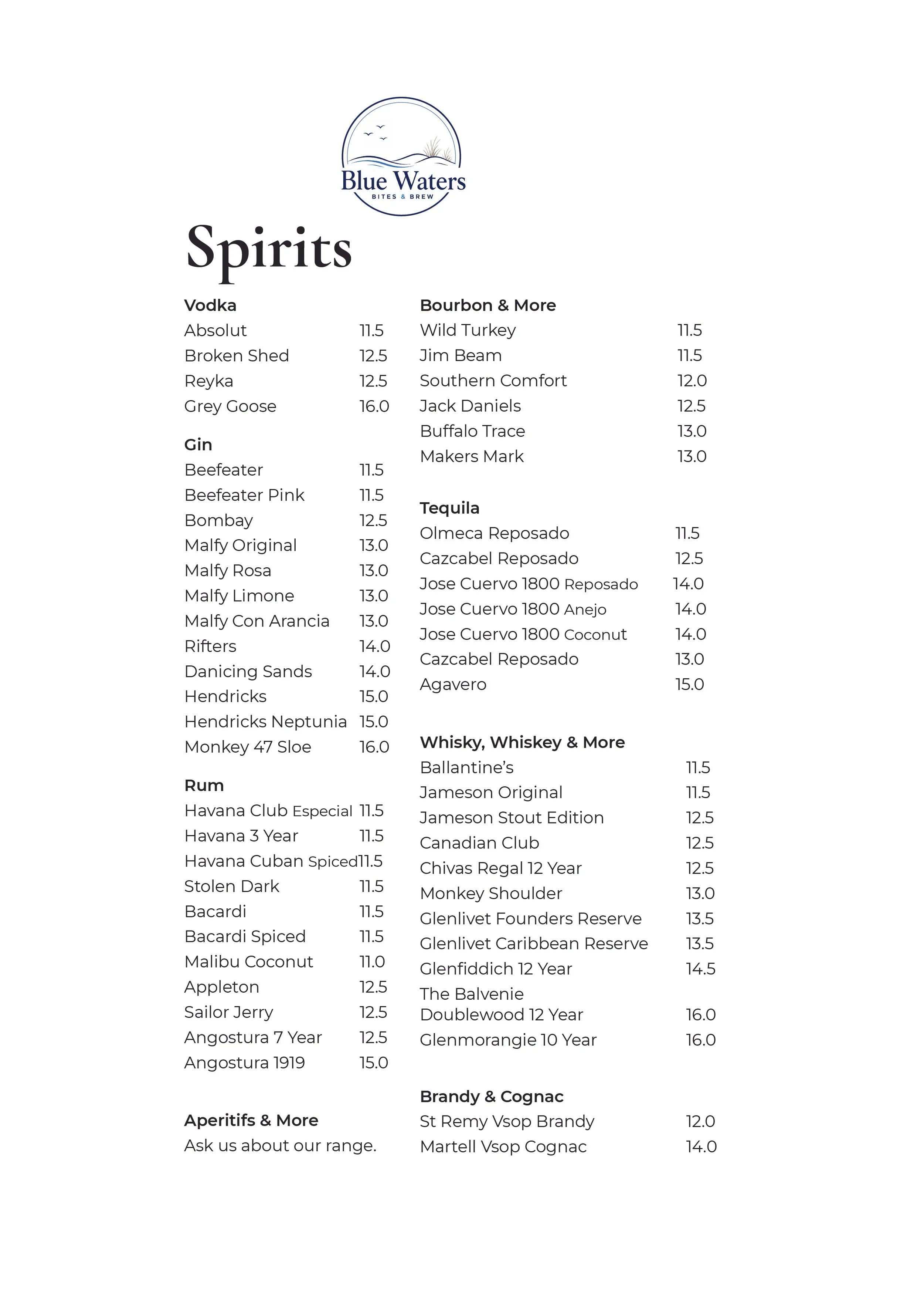 Menu from Blue Waters Bites & Brew featuring spirits, whiskey, vodka, gin, tequila, brandy, cognac, and aperitifs with names and prices, and a logo at the top.