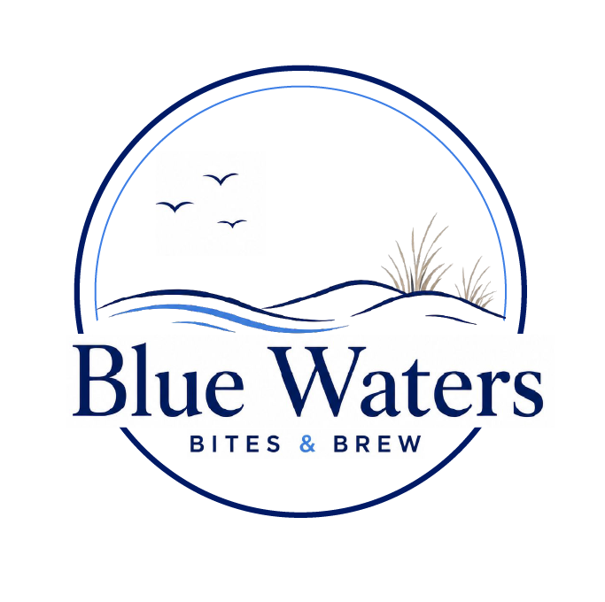 Logo for Blue Waters Bites & Brew featuring stylized waves, birds, and grass within a circular design.