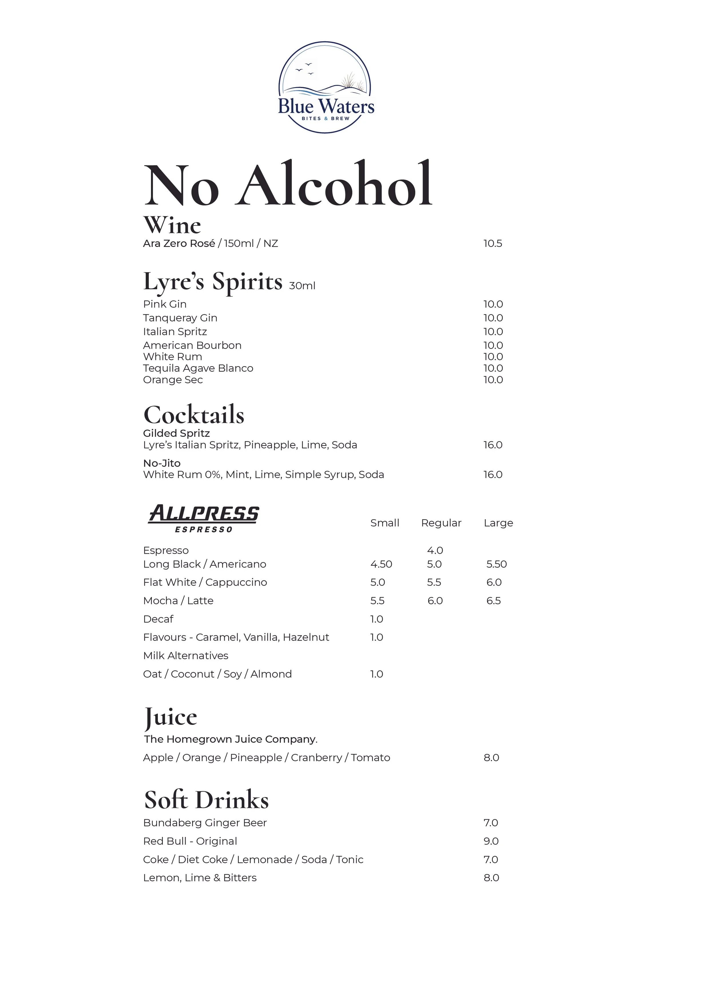 Menu from Blue Waters Bites & Brew featuring non-alcoholic drinks, cocktails, juices, and soft drinks with prices listed.