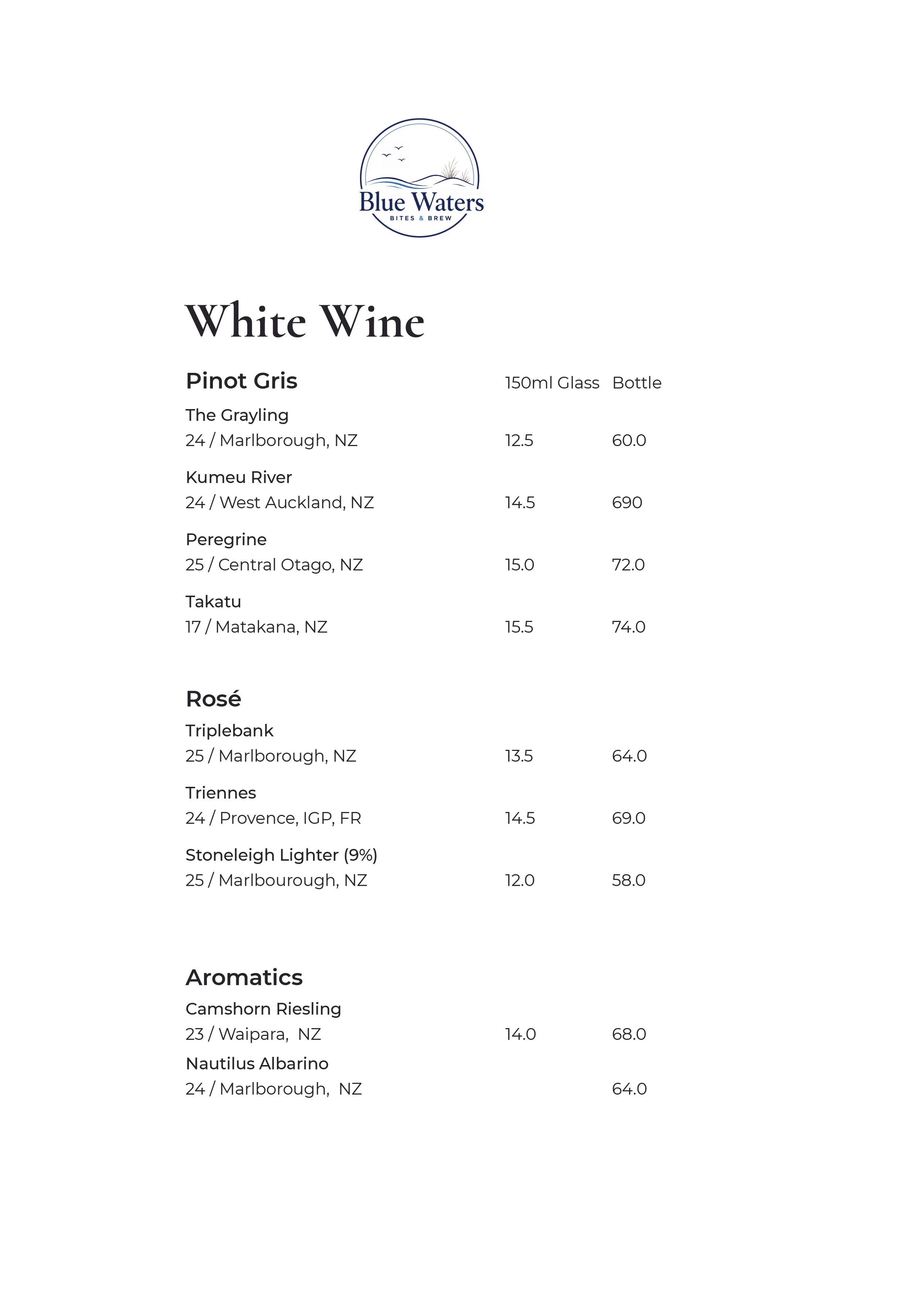 Wine list menu from Blue Waters featuring white wines, rosé, and aromatics, with details of wine names, regions, alcohol content, and prices.