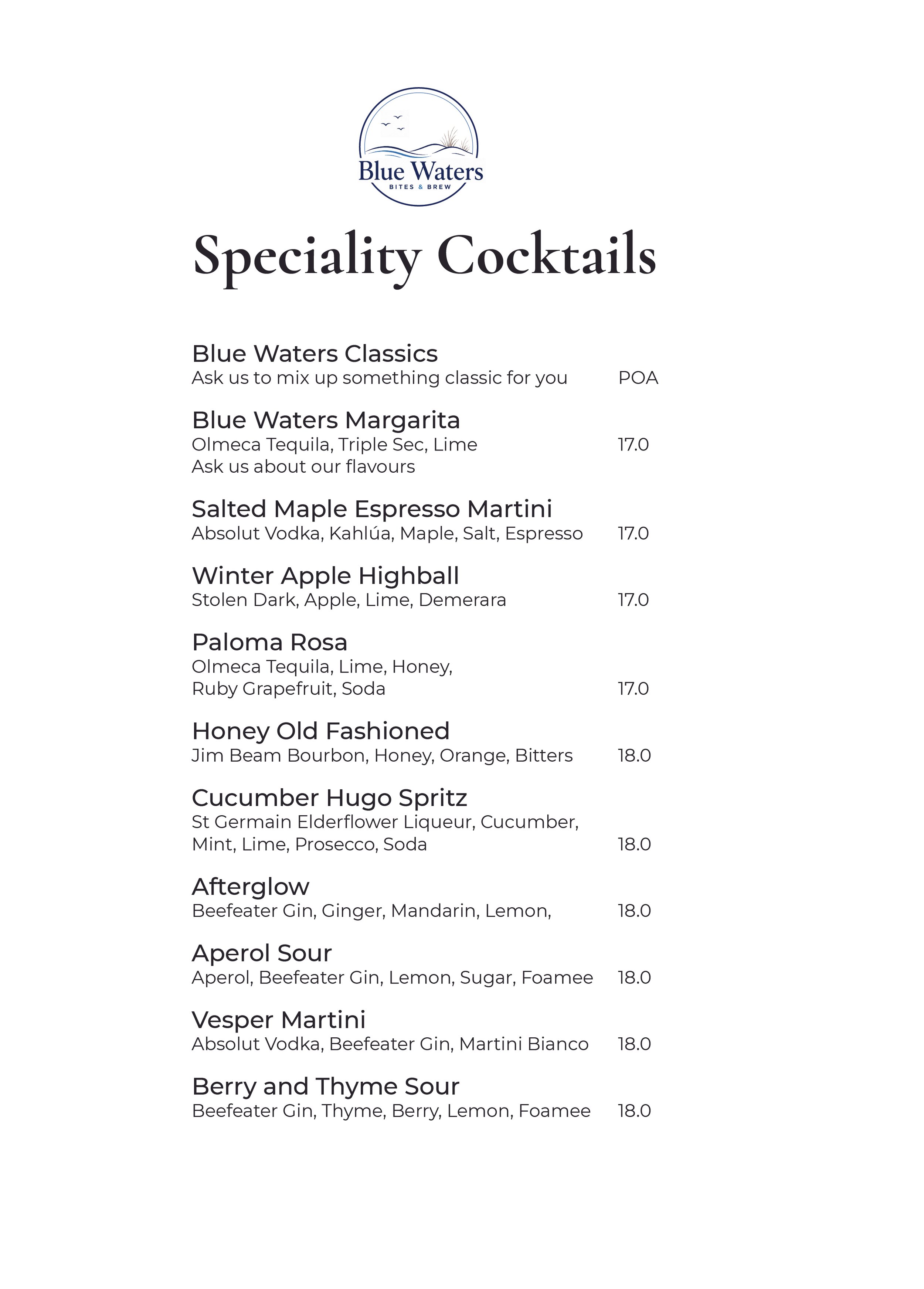 A menu titled 'Specialty Cocktails' from Blue Waters with a list of drinks, ingredients, and prices.