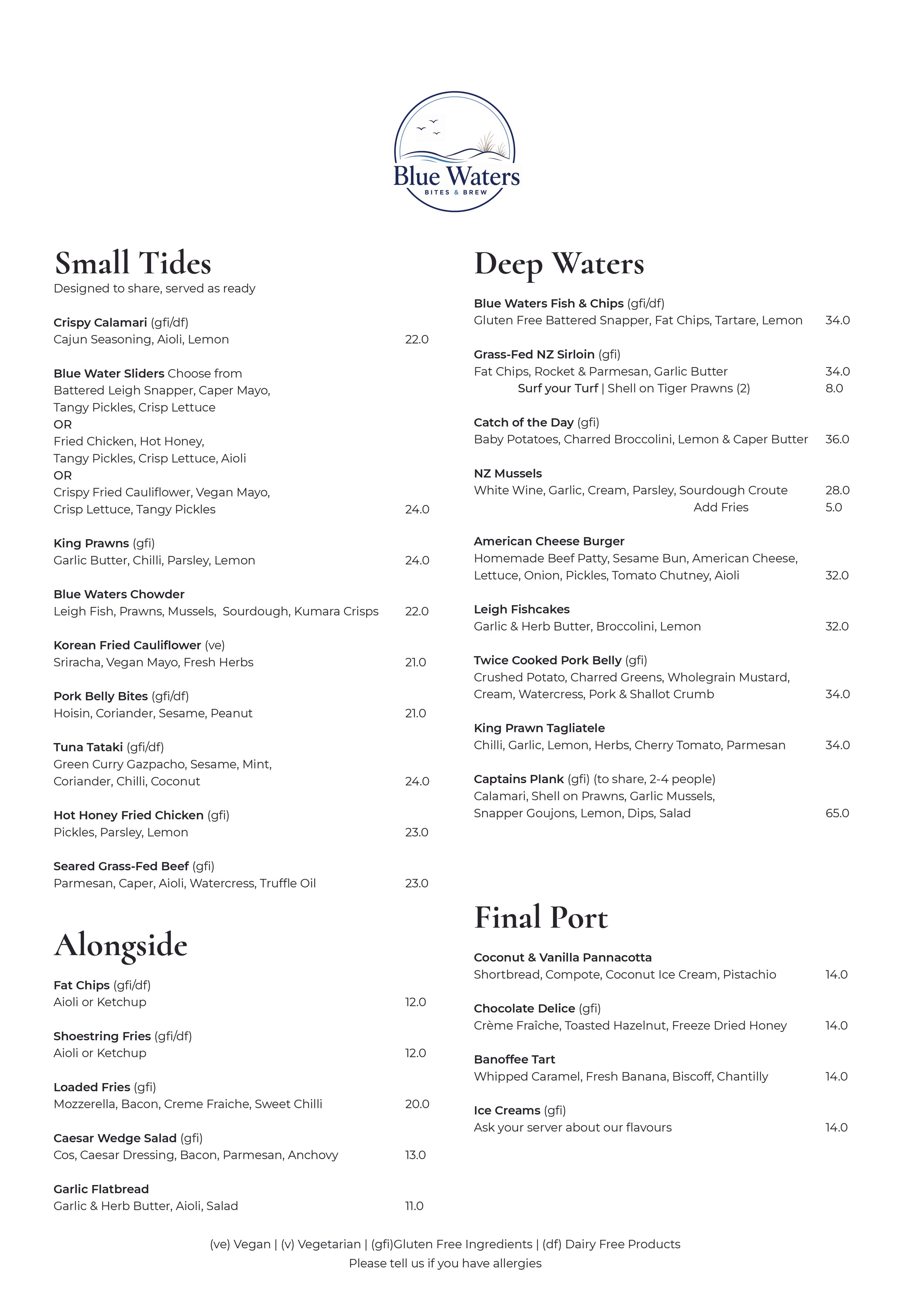 A menu from Blue Waters restaurant with sections for Small Tides and Deep Waters, listing various seafood, appetizers, salads, and desserts, along with prices and ingredients.