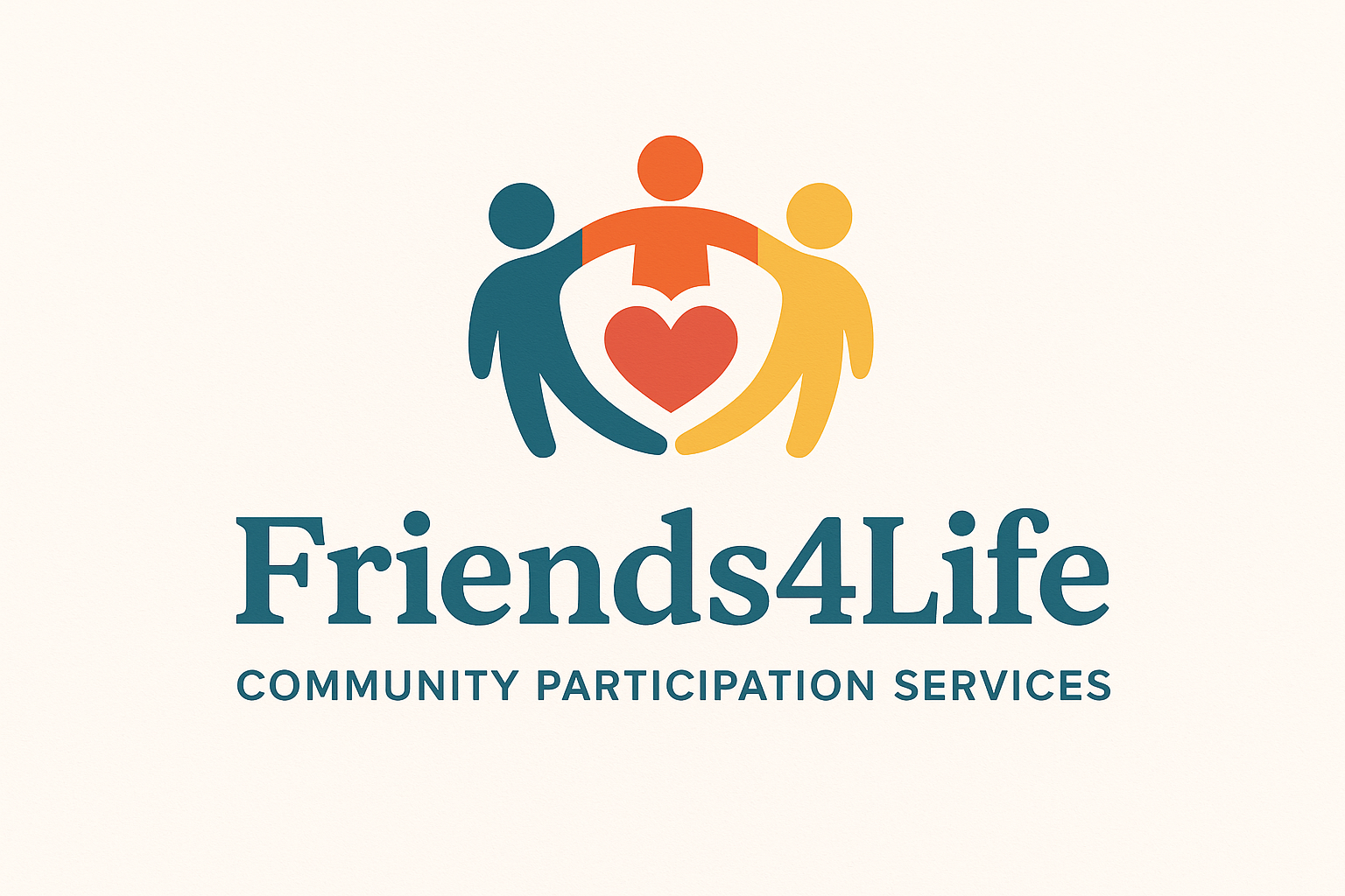 Logo for Friends4Life Community Participation Services, featuring three stylized human figures holding a heart symbol.