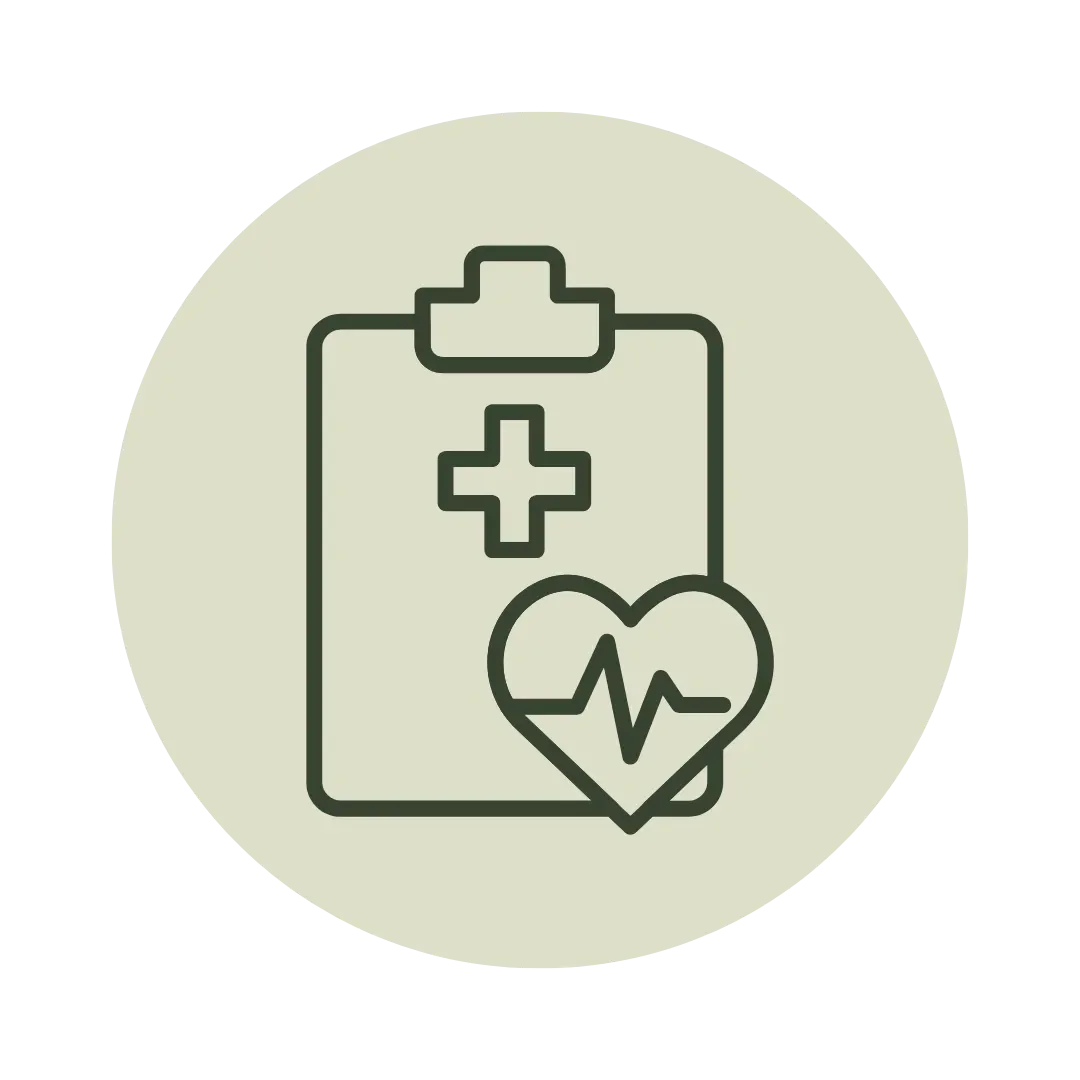 A green medical icon on a beige circle, featuring a clipboard with a cross and a heart with a heart rate line, symbolizing healthcare and diagnostics.