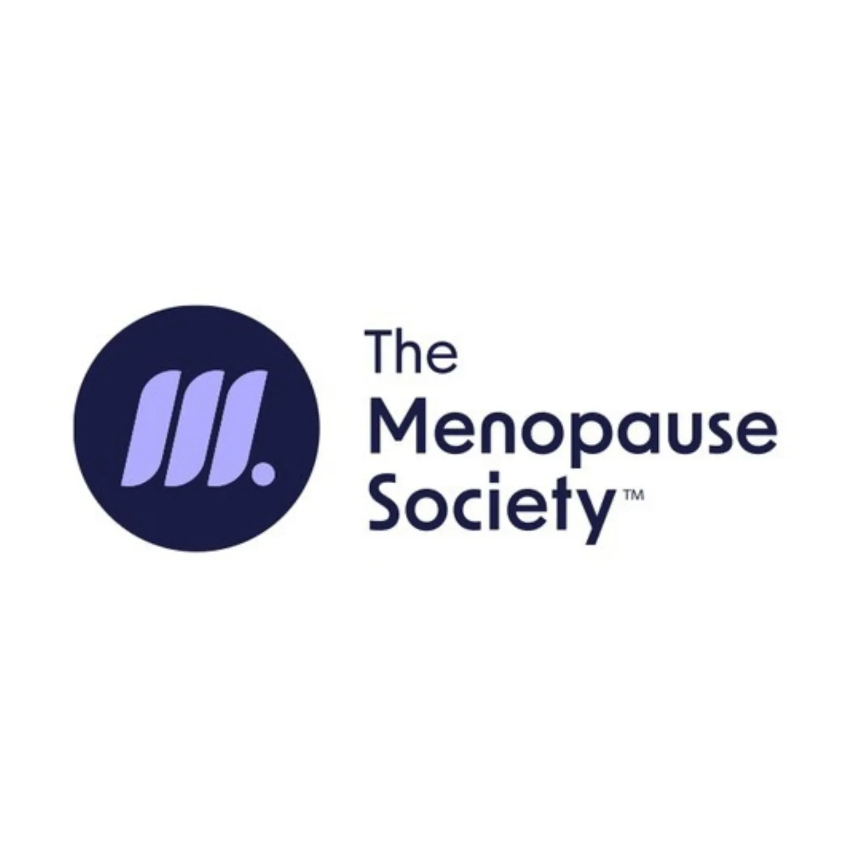 Logo of The Menopause Society with a dark circle featuring three lavender lines on the left, and the organization's name in bold, dark text on the right.