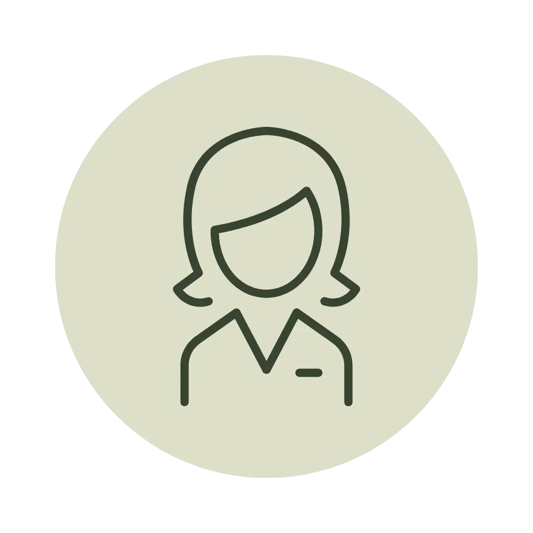 Icon of a person with short hair and a collared shirt, outlined in dark green on a light green circular background.