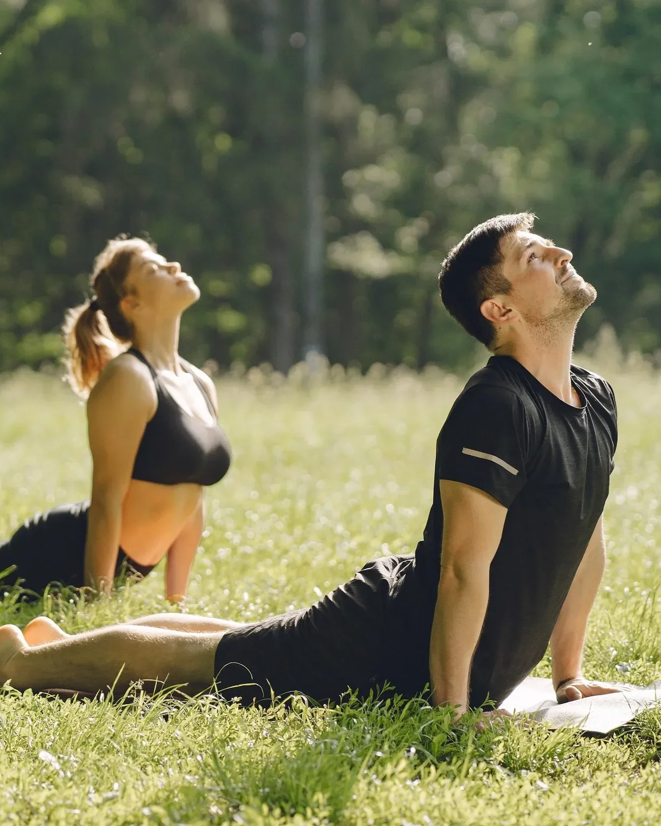 Two people, a man and a woman, practicing yoga outdoors on lush green grass, in a yoga pose called Cobra, with their upper bodies raised and looking up toward the sky, surrounded by trees and sunlight.