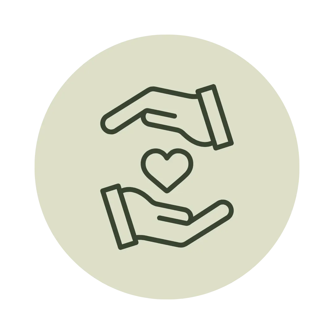 Two outlined hands cradle a heart symbol inside a light green circle on a black background, conveying care and compassion.