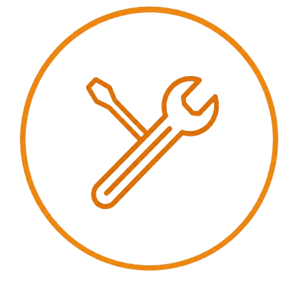 Orange outline of a wrench and screwdriver crossed inside a circle on a black background.