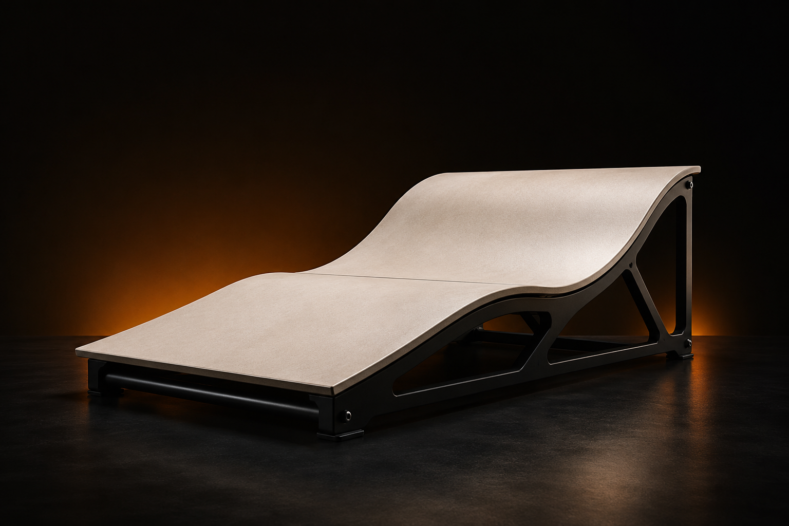 Modern lounge chair with a minimalist design, beige cushioned surface, and black metal frame, set against a dark background with subtle lighting.