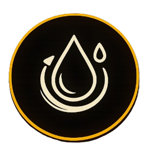 A circular logo with a black background and a yellow border, featuring a white water droplet with additional smaller droplets around it.