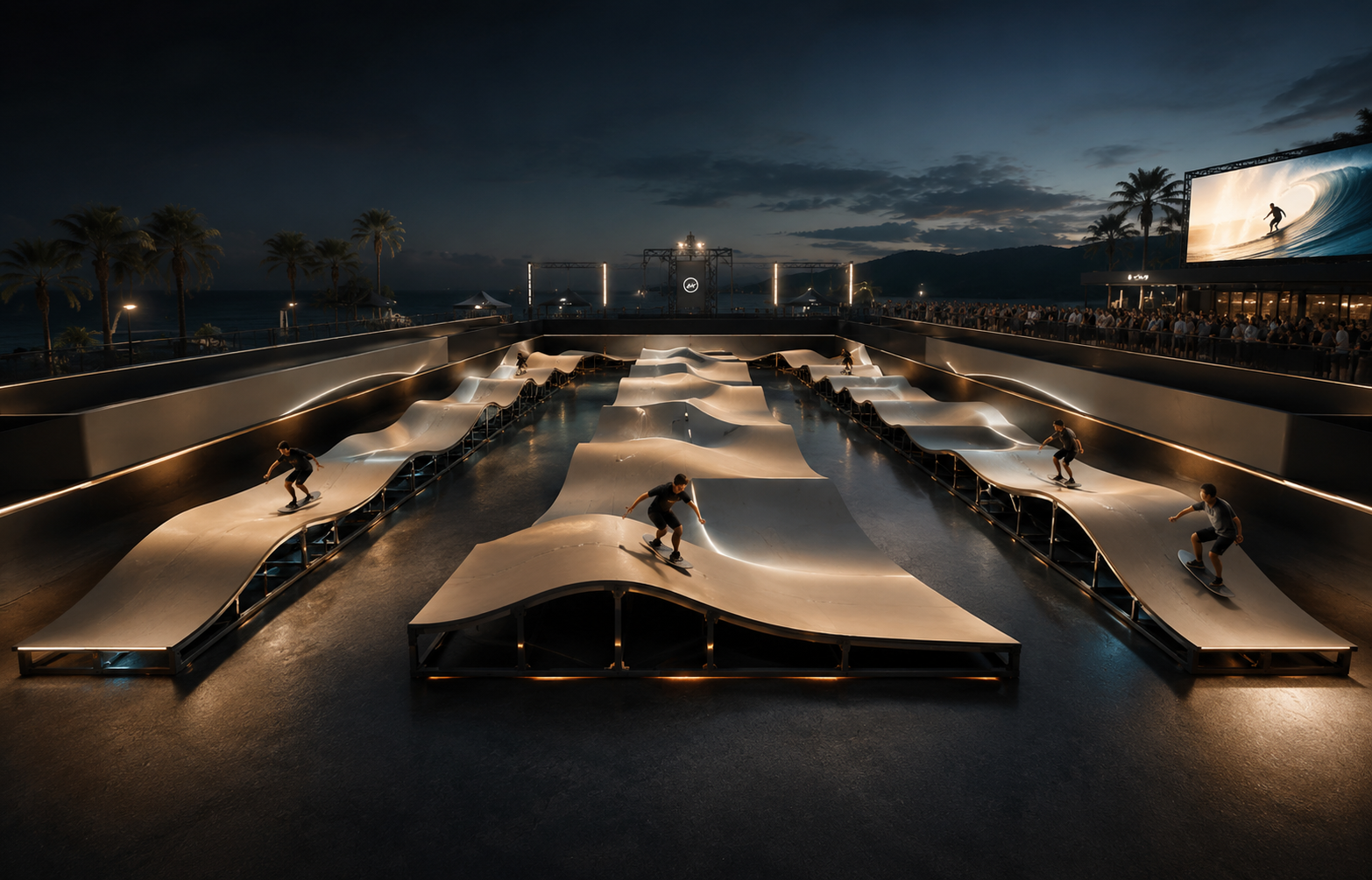 Nighttime scene of an outdoor skate park with multiple skating ramps and skaters, a crowd watching, palm trees, a large digital screen displaying a surfer, and hills in the background.