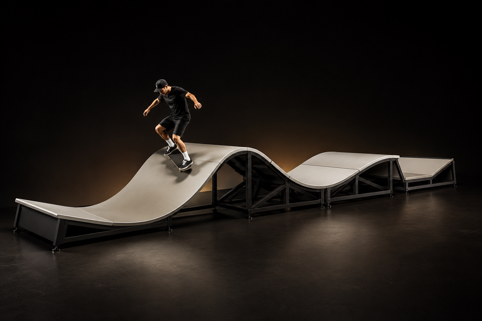 A person skateboarding on a metal ramp with a wavy design, in a dark indoor setting.