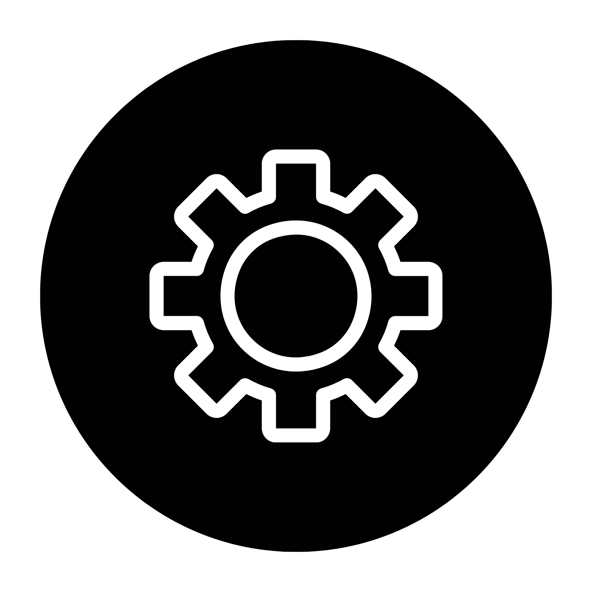 Black background with a white gear icon in the center.