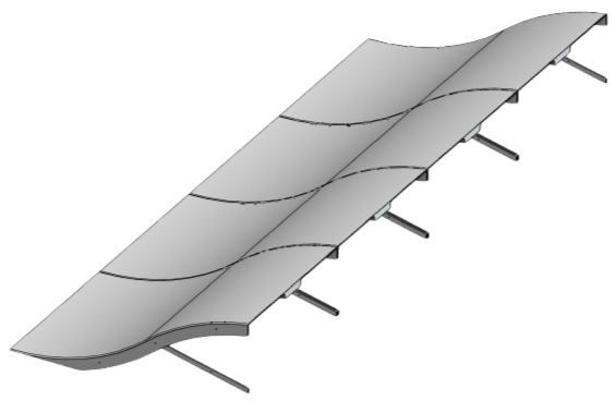 A digital rendering of a solar thermal power plant with curved solar collectors on a supporting structure, set against a black background.