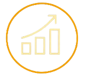 Icon of a rising bar graph with an upward-pointing arrow, enclosed in a yellow circle.