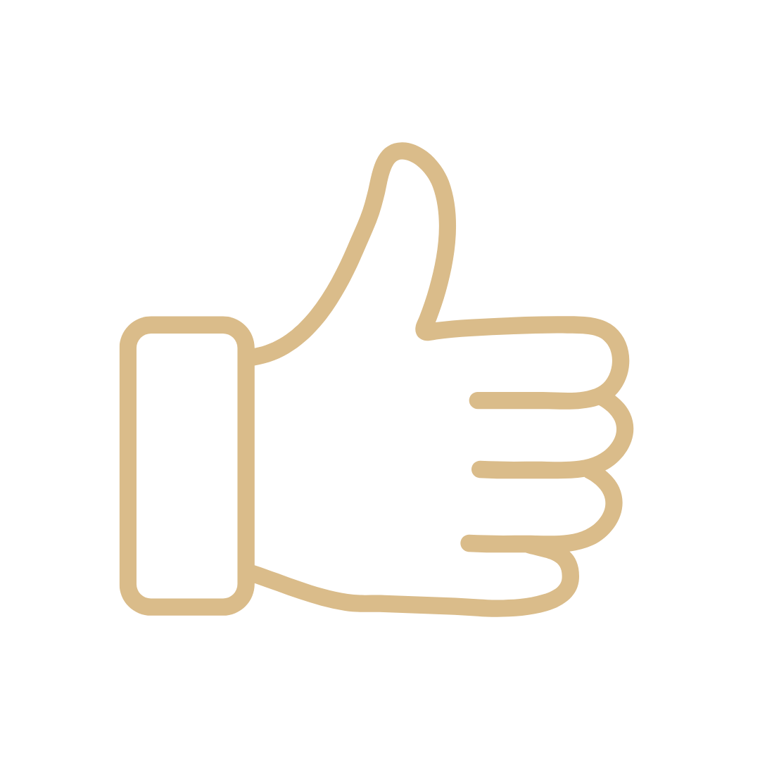 Minimalist line drawing of a thumbs-up hand gesture in beige on a black background.