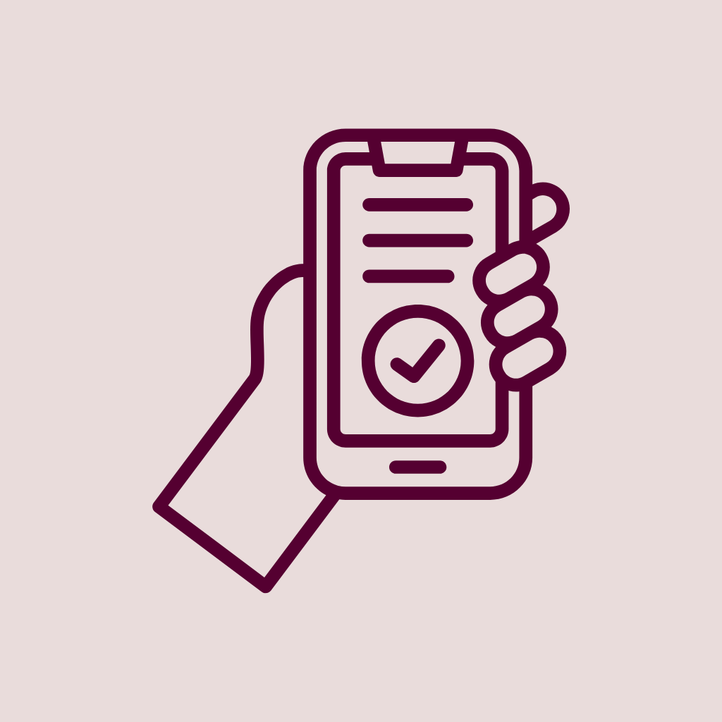 Line drawing of a hand holding a smartphone with a checkmark on the screen, indicating completion or approval.