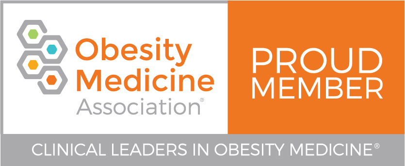 Obesity Medicine Association badge with orange and black colors stating "Proud Member" and "Clinical Leaders in Obesity Medicine."