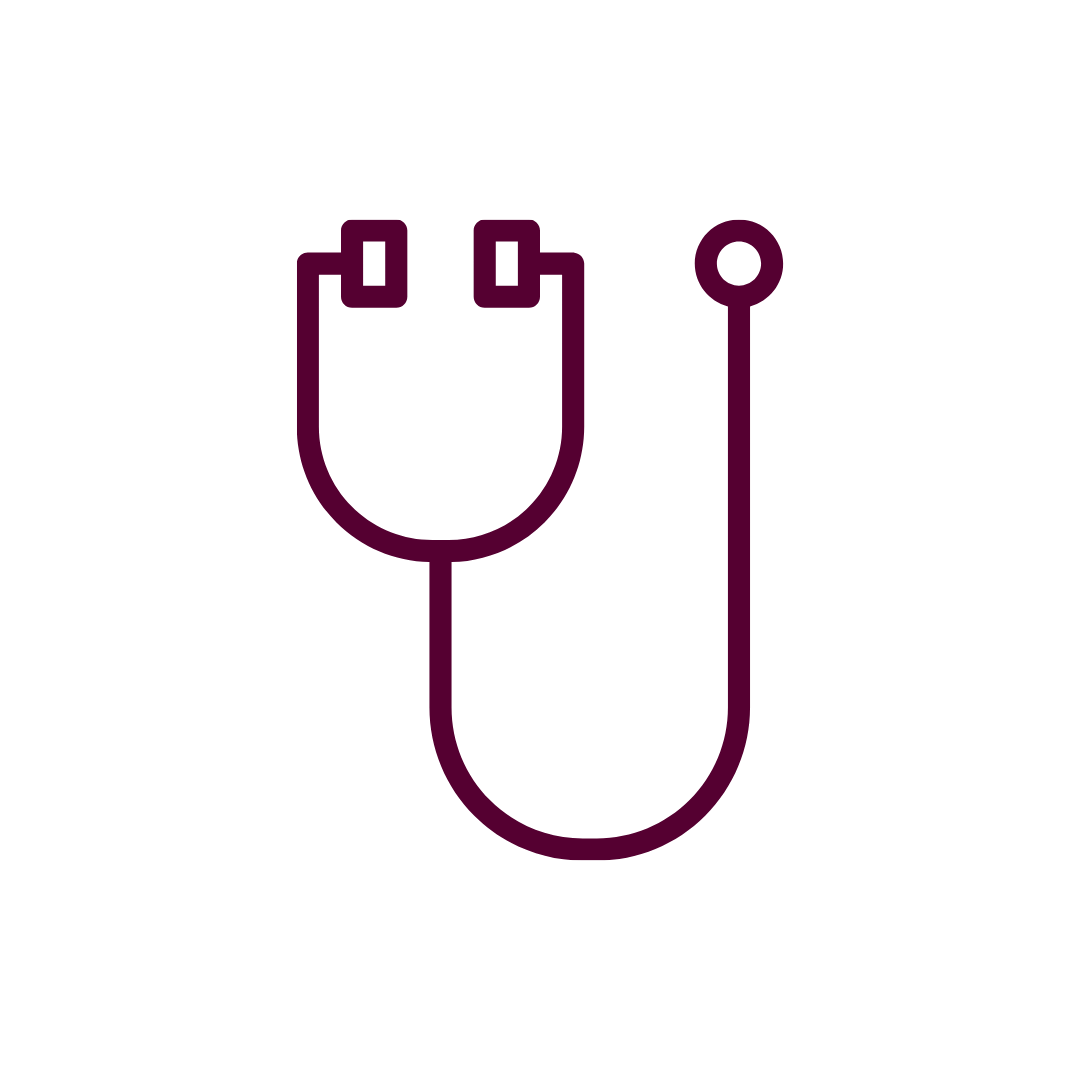 Icon of a stethoscope with purple outlines on a black background.