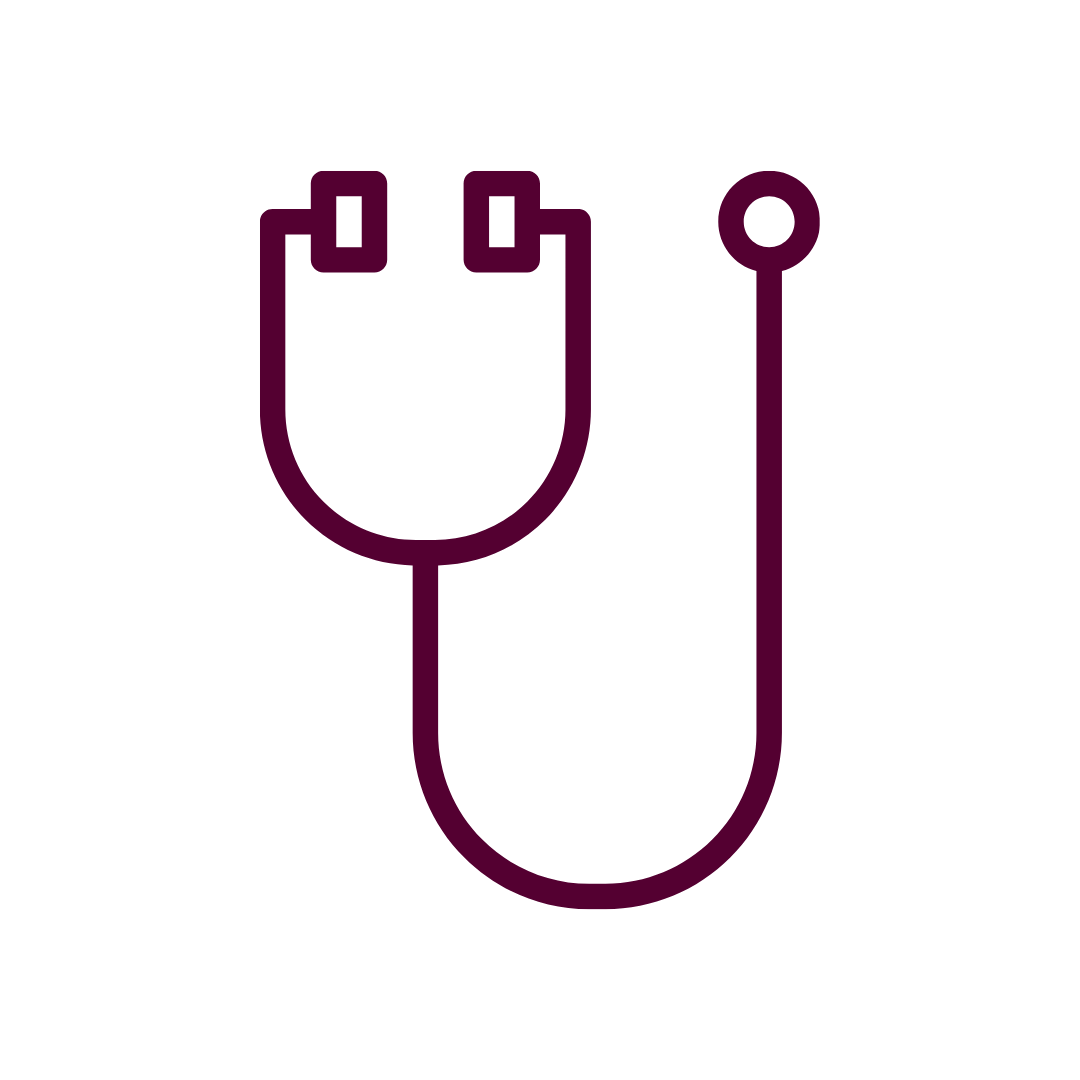 Outline of a stethoscope in dark purple on a black background.