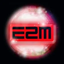 Logo with red text 'E2M' on a circular, space-themed background