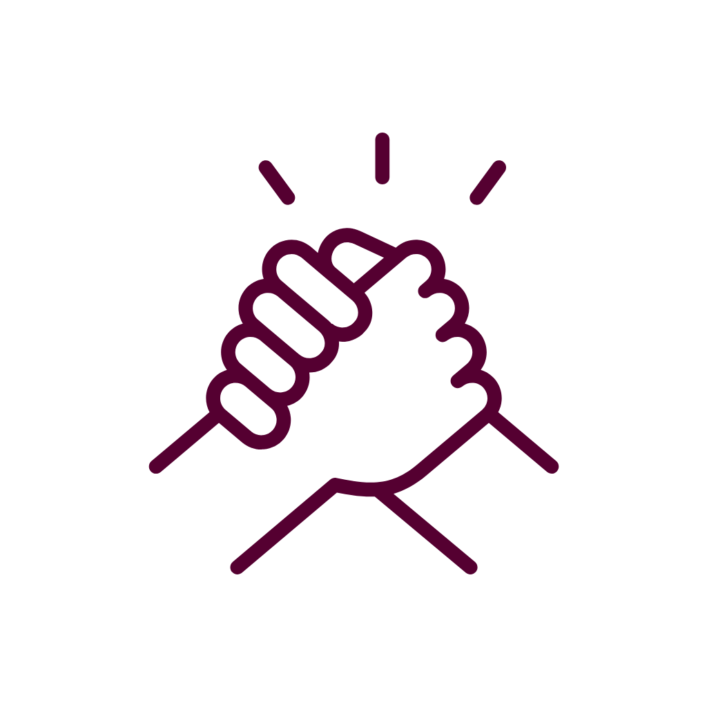 Line art of two hands clasped together in a handshake, with a small burst lines above indicating a gesture or emphasis.