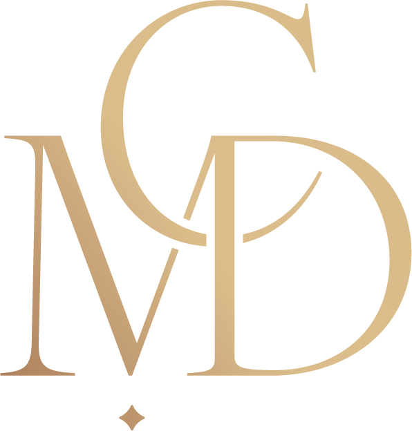 Close-up of a stylized logo with overlapping large, thin, beige letters 'C', 'V', and 'D' on a black background.