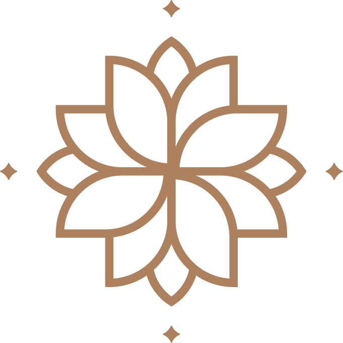 Gold geometric flower design with small diamond shapes on a black background.