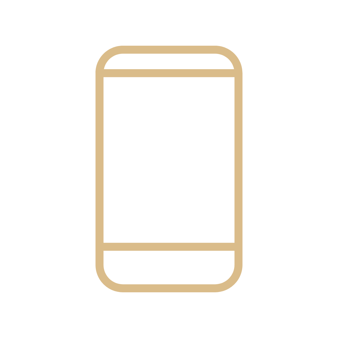 Outline drawing of a smartphone with a black screen and beige border on a black background.