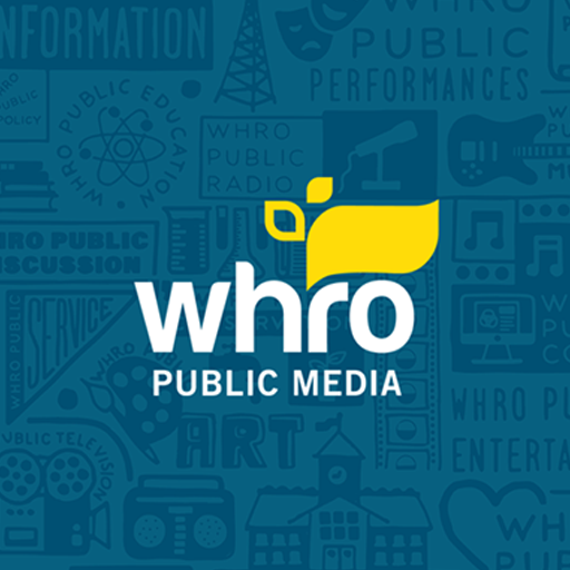 Logo of WHRO Public Media with a yellow abstract shape resembling a speech bubble and a dot, on a blue background with media-related icons.