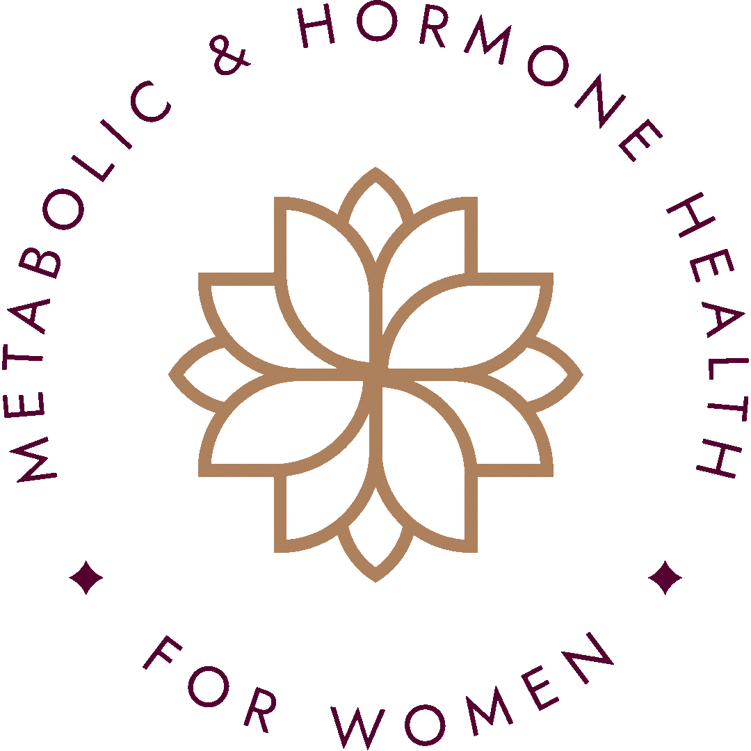 Logo with a stylized flower in gold and purple text that reads "Metabolic & Hormone Health for Women" on a dark background.