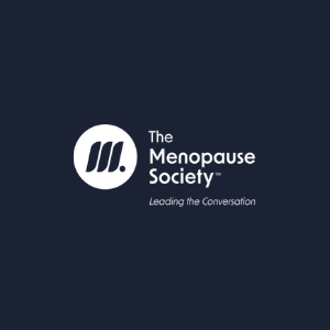 The logo of The Menopause Society on a dark blue background, featuring a white circular emblem and the tagline 'Leading the Conversation.'