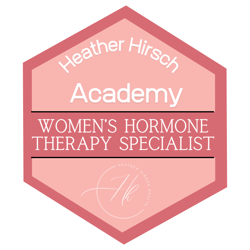 Logo for Heather Hirsch Academy, a women's hormone therapy specialist, featuring a pink hexagon design with text and a monogram
