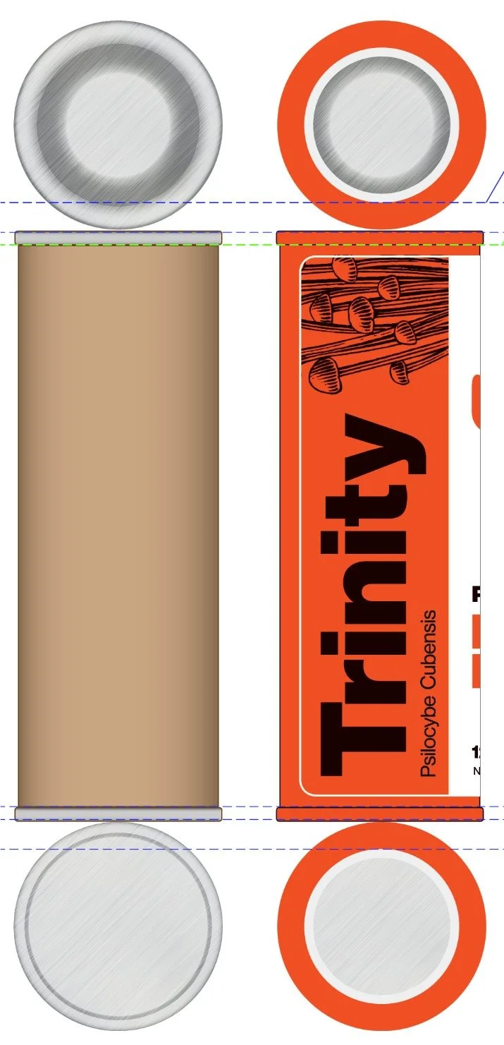 Trinity tube packaging wrap layout with end caps and production guides