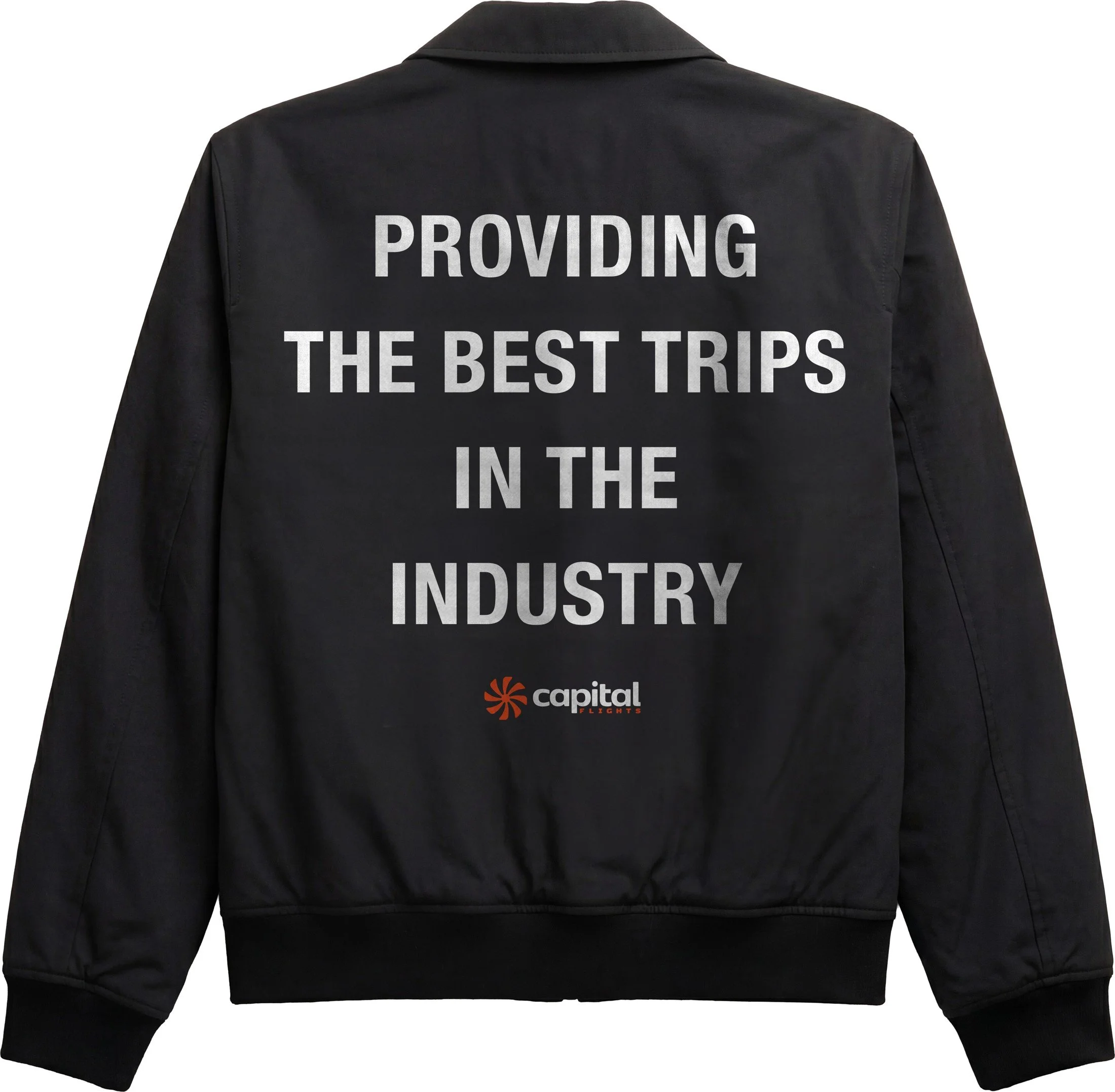 Capital Flights black jacket back with typography