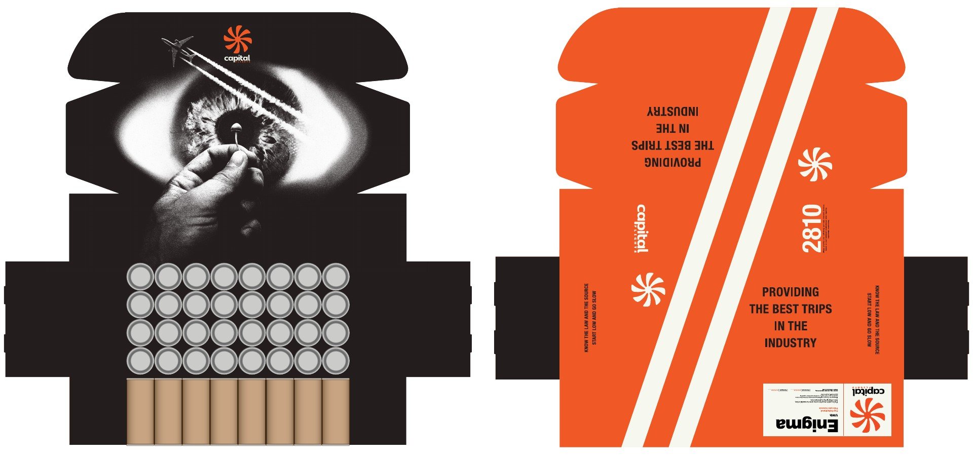 Capital Flights carton layout with eye artwork, orange graphics and tube inserts