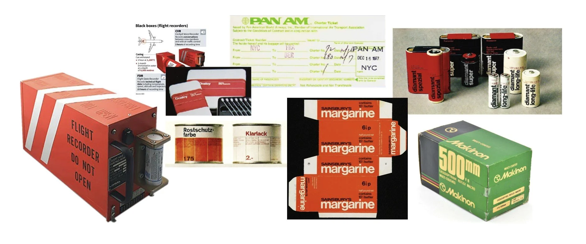 Capital Flights — Packaging Inspiration Reference Collage Packaging inspiration collage featuring a flight recorder, Pan Am ticket, film packaging, paint tins, margarine carton, and camera lens box.