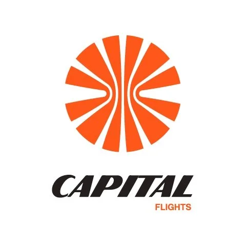 Capital Flights logo concept 1: Radial flight-path emblem with italic wordmark