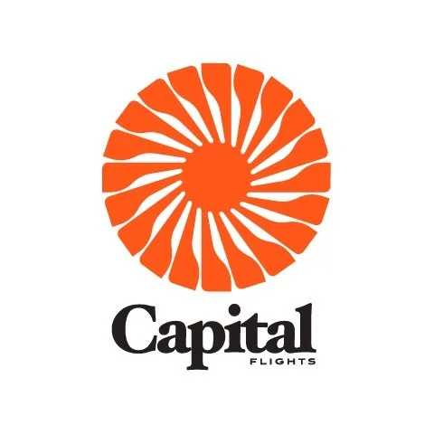 Capital Flights logo concept 3: Spiral emblem with serif wordmark