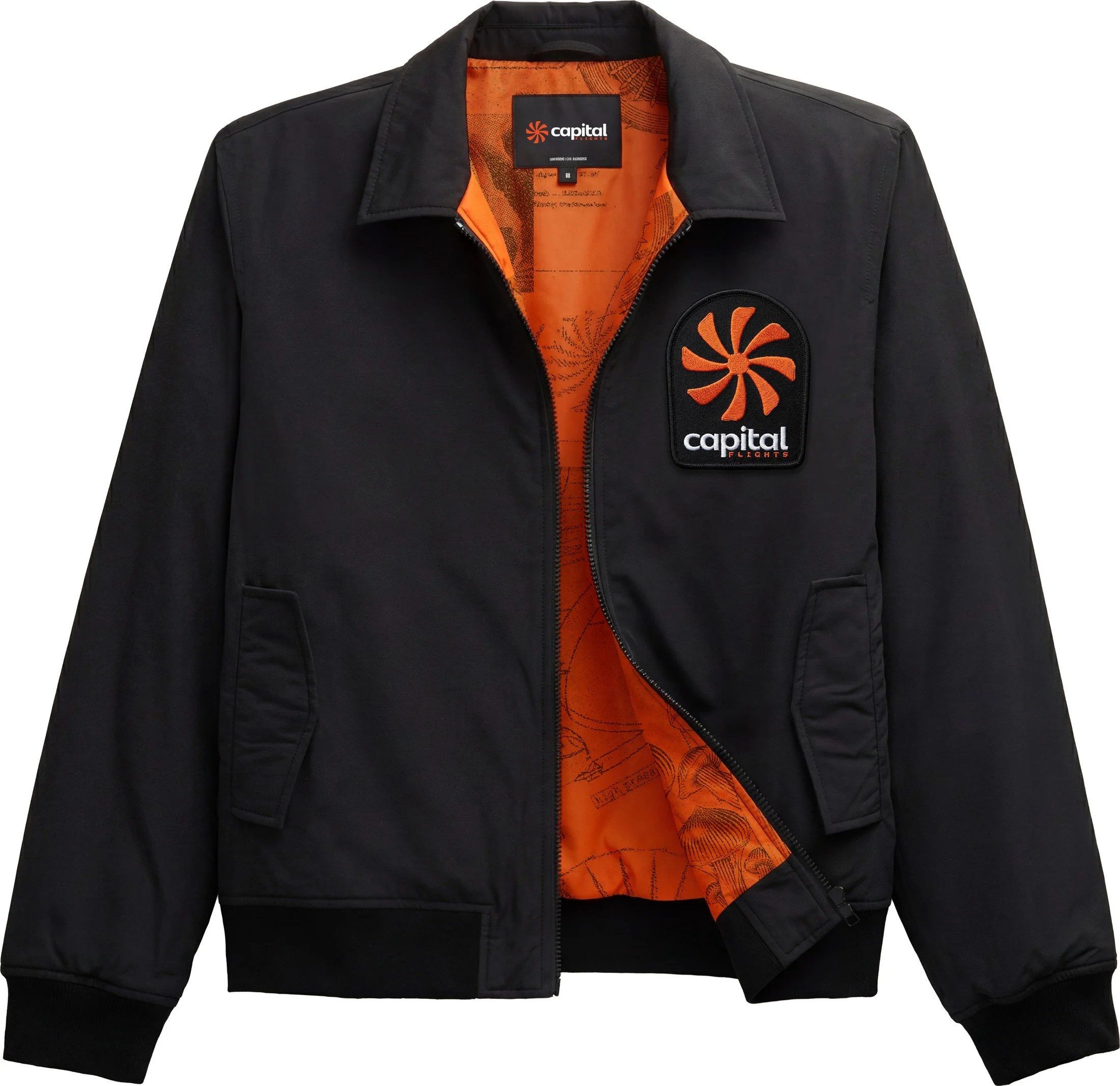 Capital Flights black jacket front with orange lining